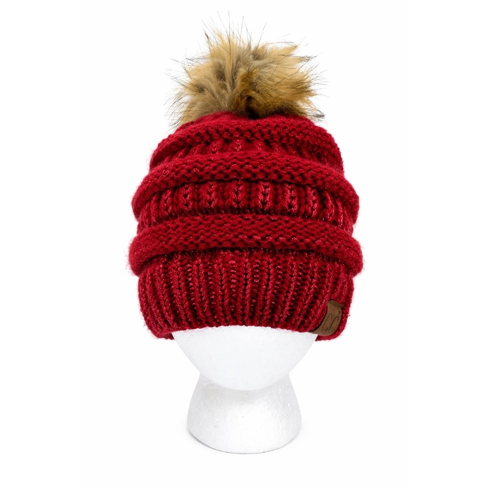 C.C Exclusives Womens Slouchy Tossle Faux Fur Pompom Hat One Size Red Cable Knit